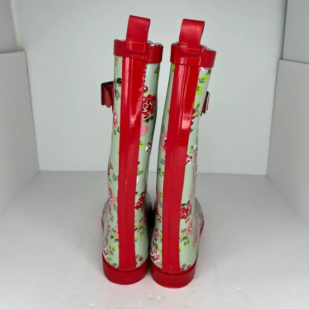 Womens Green Waterproof Garden Strap Floral Mid Calf Slip On Size 6 Rain Boots